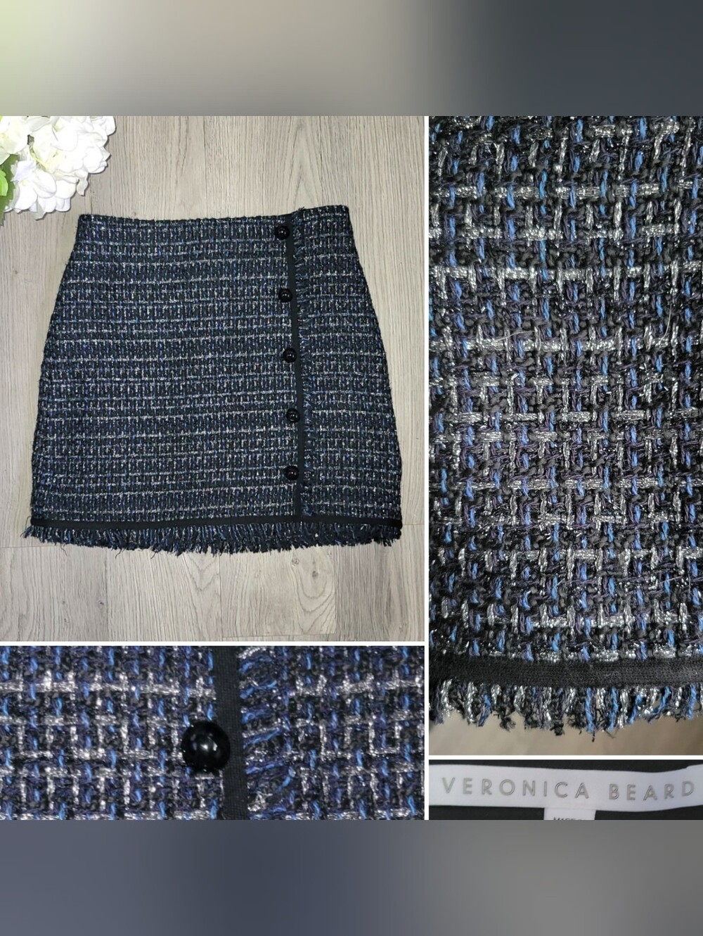 Veronica Beard Mirabelle Mini Skirt Navy, Silver, Black Tweed & Fringe Hem, 4